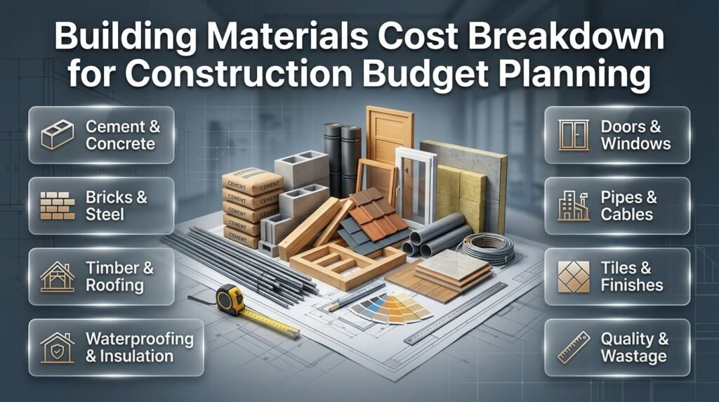 Building materials cost breakdown featuring cement, bricks, steel, timber, roofing, insulation, pipes, tiles, and flooring supplies.