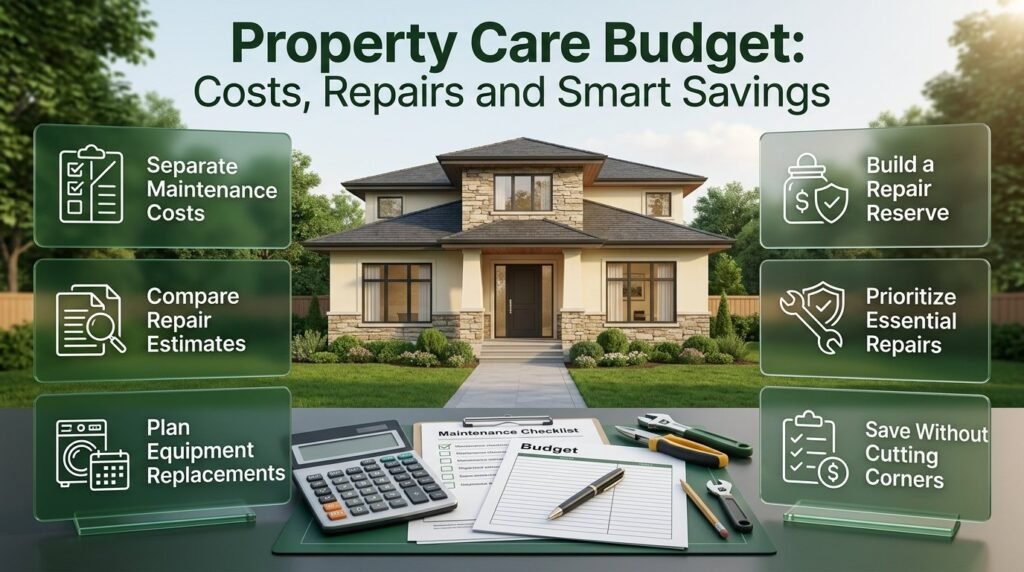 Property care budget infographic showing routine maintenance expenses, contractor estimates, major repairs, equipment replacement planning, and practical ways to manage home maintenance costs.