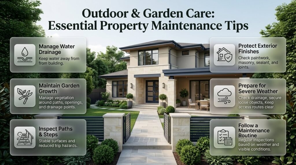 Outdoor and garden care infographic showing drainage maintenance, garden management, safe pathways, fence inspections, exterior wall protection, and severe weather preparation.
