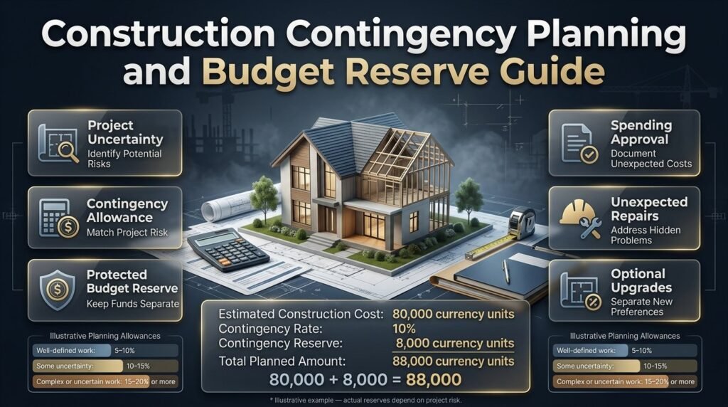 Construction contingency planning infographic showing a house model, separate emergency reserve, construction cost estimates, risk levels, and budget controls.