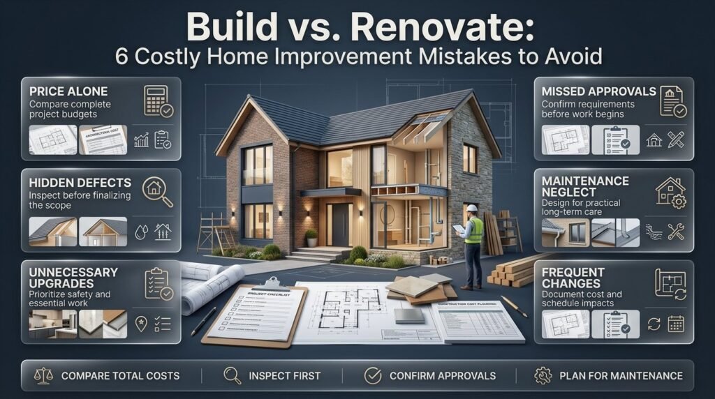 Property assessment infographic covering structural inspections, plumbing and electrical systems, space planning, repair budgets, and building permissions.