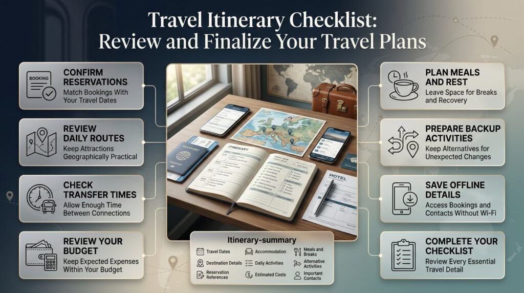 Travel itinerary checklist featuring a travel planner, confirmed reservations, budget review, transportation schedules, daily activities, and backup plans.