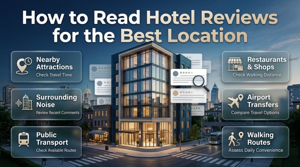 How to read hotel reviews for location by checking transport access, nearby attractions, street noise, restaurants, walking routes, and airport transfers.