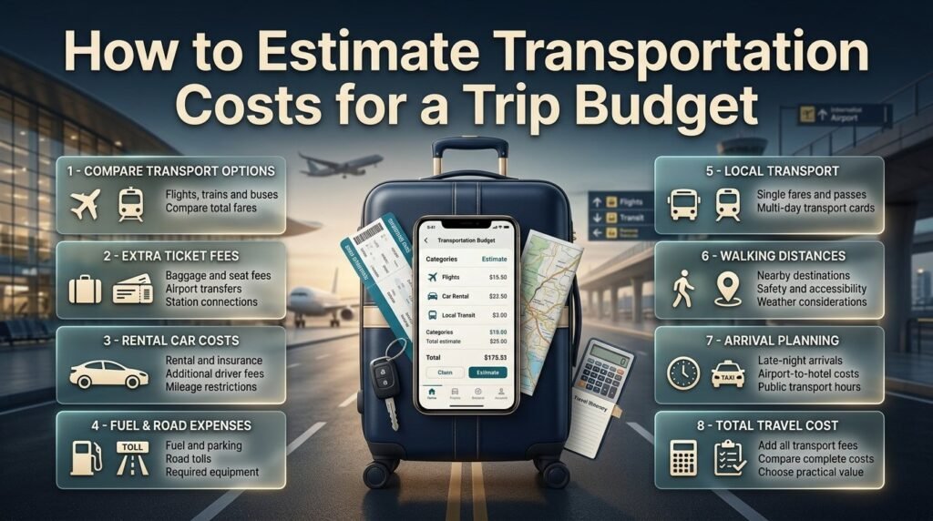 Estimate trip transportation costs by comparing flights, trains, buses, rental cars, fuel, parking, tolls, and local transport options.