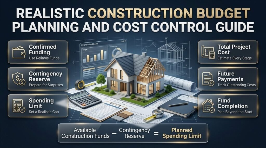 Realistic construction budget planning with a house model, funding calculator, contingency reserve, project costs, and financial planning panels.