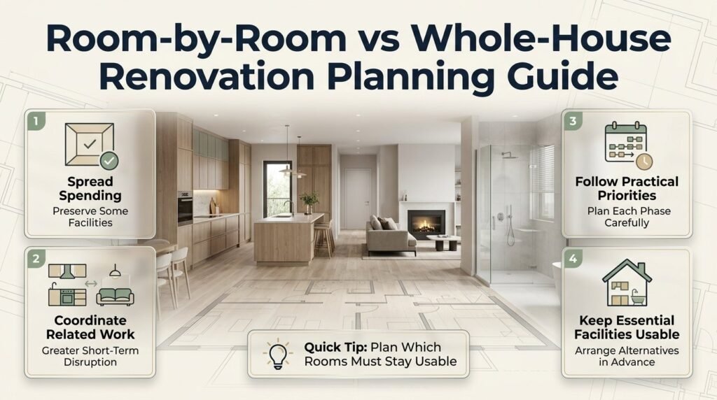 Room-by-room vs whole-house renovation planning infographic comparing project costs, household disruption, scheduling, and renovation priorities.