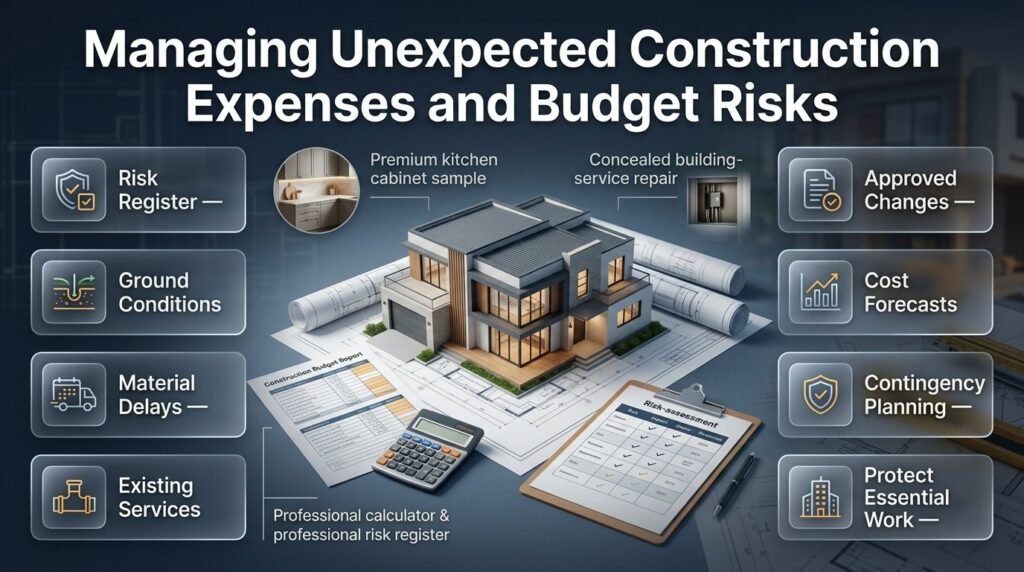Managing unexpected construction expenses with a risk register, contingency budget, approved changes, cost forecasts, and construction planning documents.