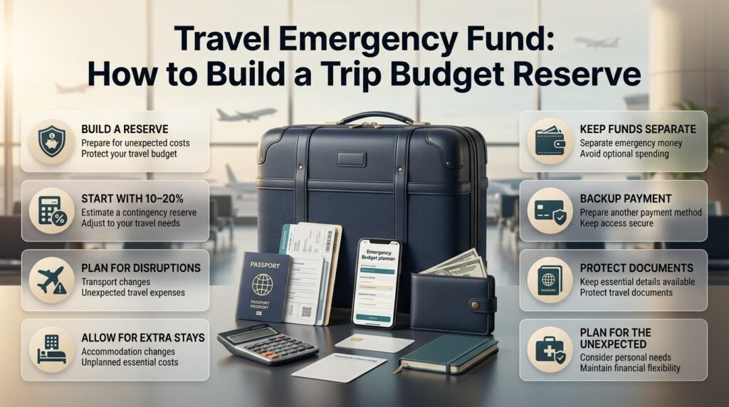 Travel emergency fund infographic explaining a 10–20% trip budget reserve, separate emergency money, backup payments, and unexpected travel expenses.
