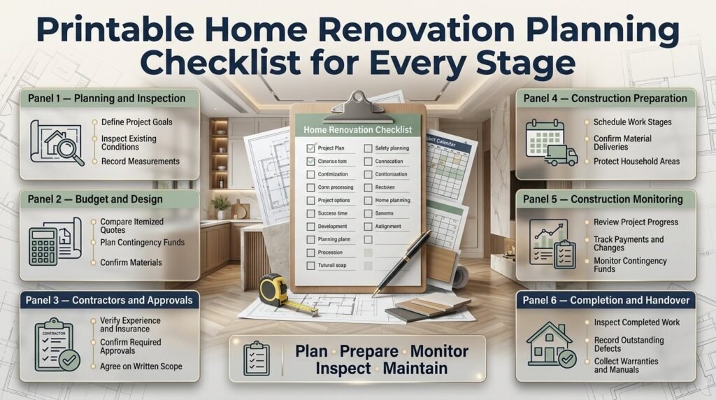 Printable home renovation planning checklist covering property inspection, budgeting, contractors, approvals, construction monitoring, and final handover.
