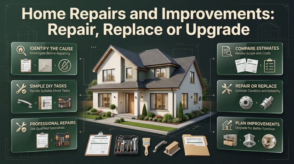 Home repair infographic featuring DIY maintenance, professional repairs, damage assessment, contractor estimates, and repair versus replacement decisions.