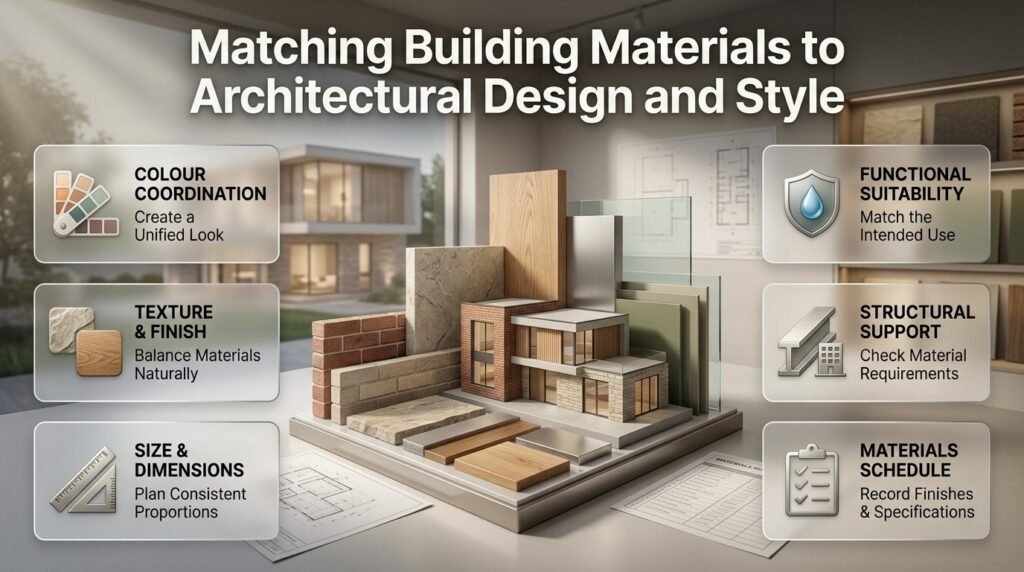 Matching building materials to architectural design with coordinated brick, stone, timber, metal, glass, flooring, and complementary finishes.