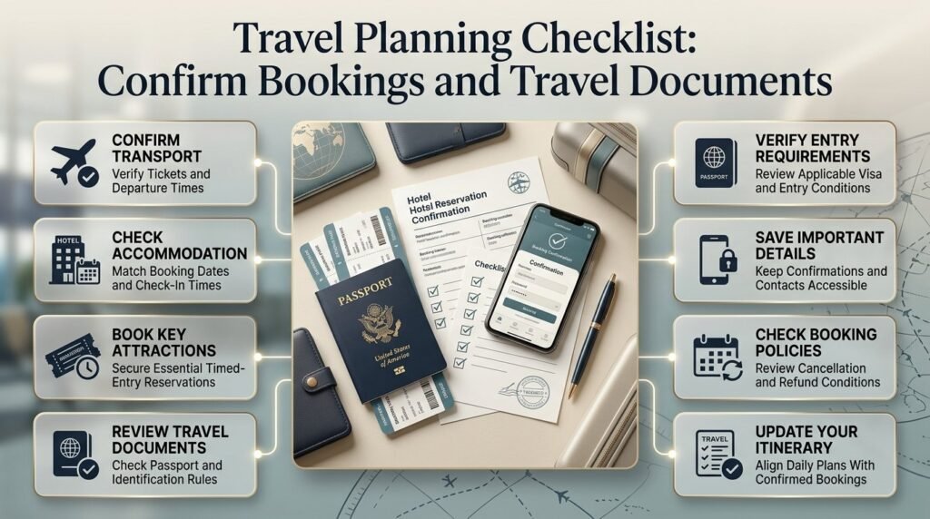 Travel planning checklist featuring booking confirmations, passport, travel documents, hotel reservations, transportation tickets, and essential entry requirements.