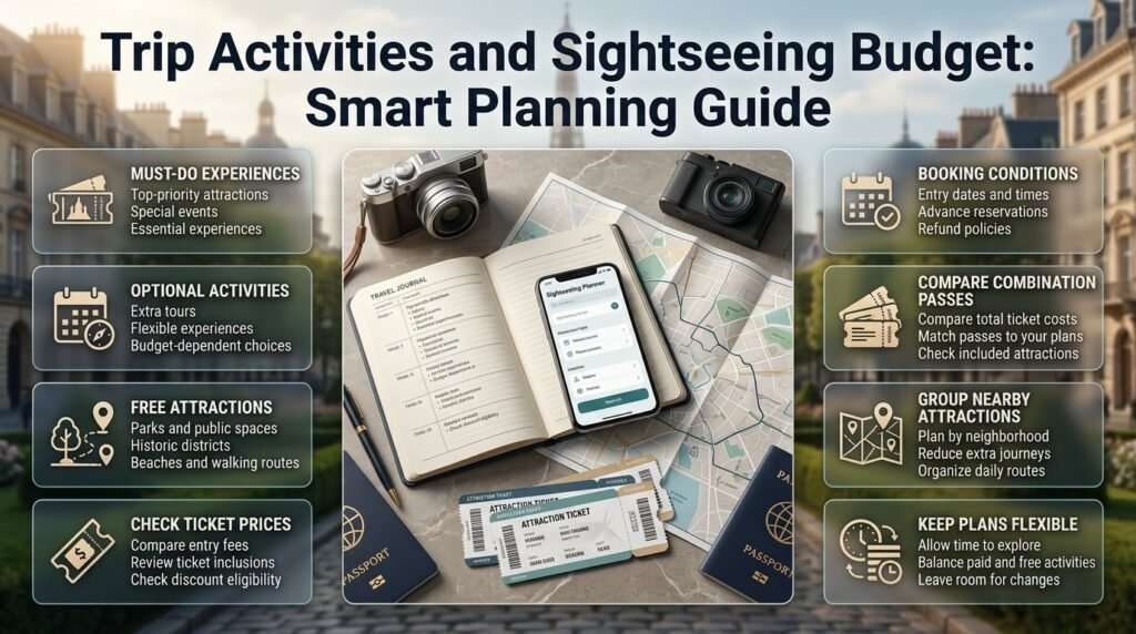Trip activities and sightseeing budget guide covering must-do attractions, optional experiences, free activities, ticket prices, booking conditions, and travel planning.