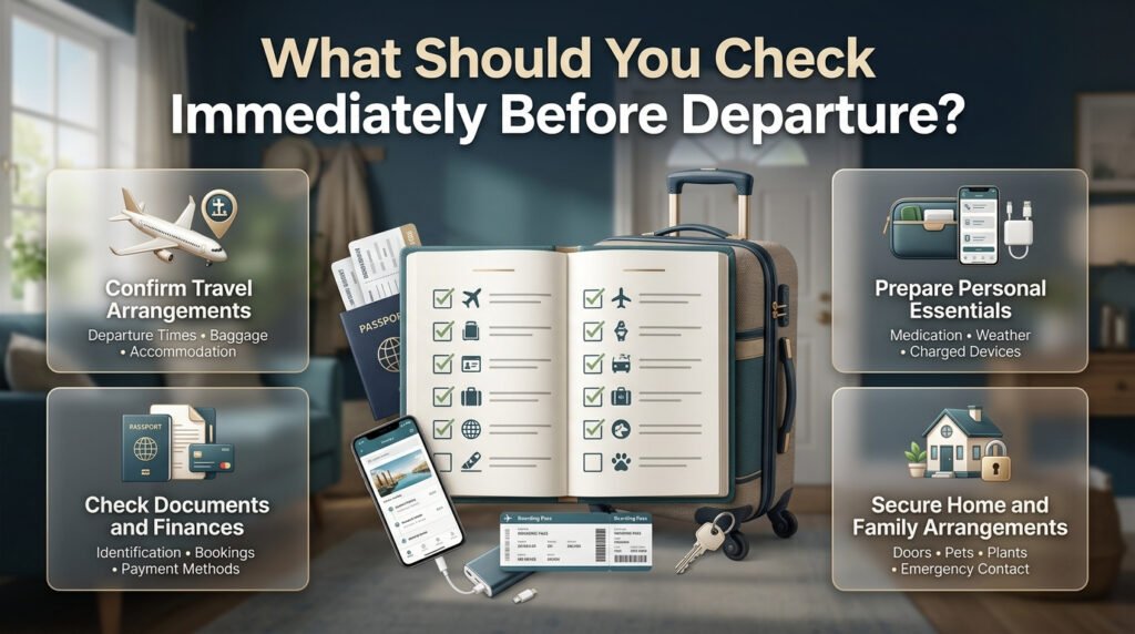 Final travel departure checklist infographic covering transport, documents, finances, personal essentials, home security, pets, and emergency contacts.