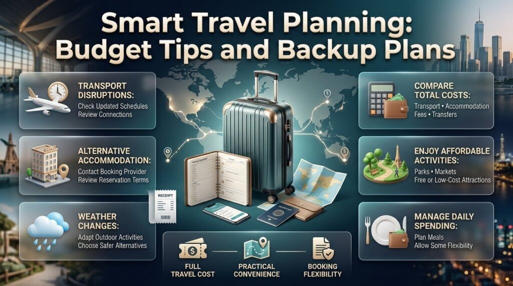 Travel planning infographic featuring backup travel arrangements, alternative accommodation, budget management, affordable activities, meal planning, and cost comparisons.