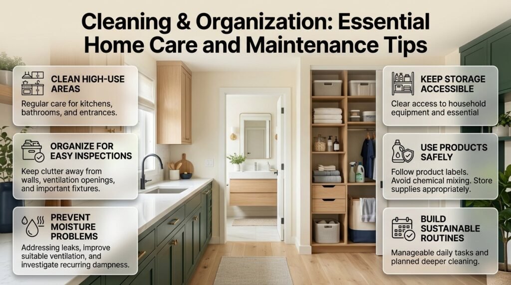 Cleaning and organization infographic featuring kitchen hygiene, bathroom care, clutter-free storage, moisture prevention, safe product storage, and practical home maintenance routines.