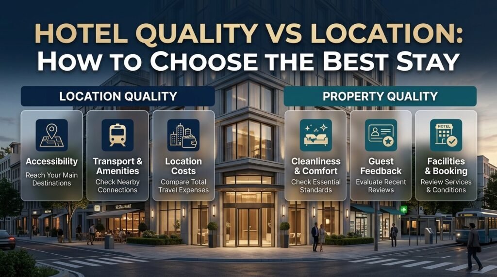 Hotel quality vs location comparison featuring a comfortable hotel, convenient transport, nearby amenities, cleanliness, guest reviews, and essential facilities.
