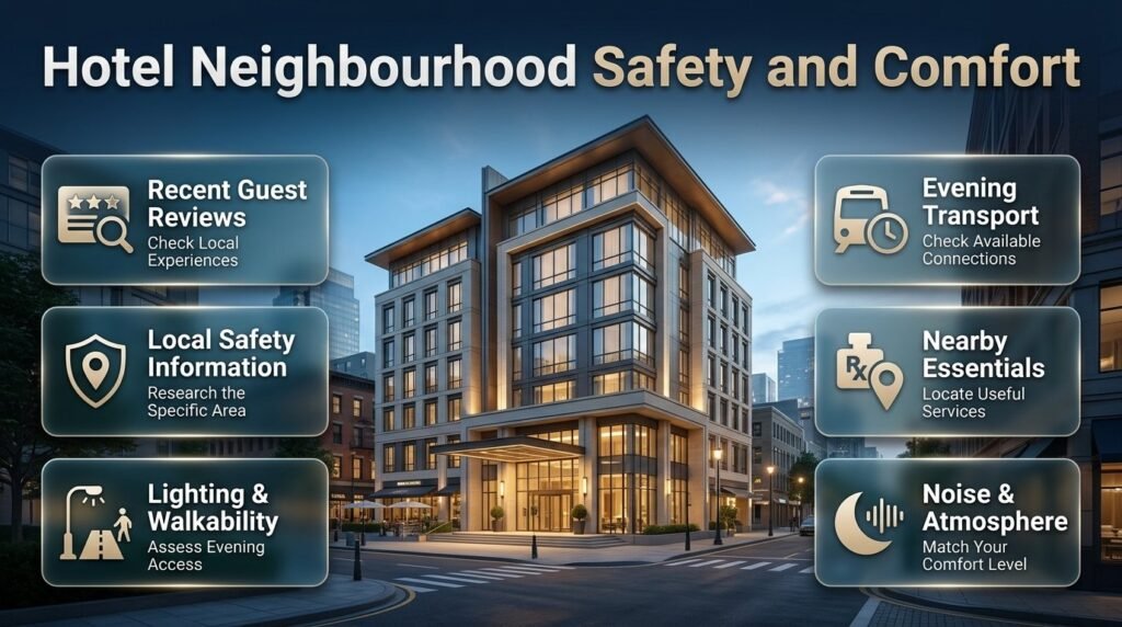 Hotel neighbourhood safety and comfort guide featuring a well-lit hotel entrance, pedestrian-friendly streets, evening transport, nearby pharmacies, and quiet surroundings.