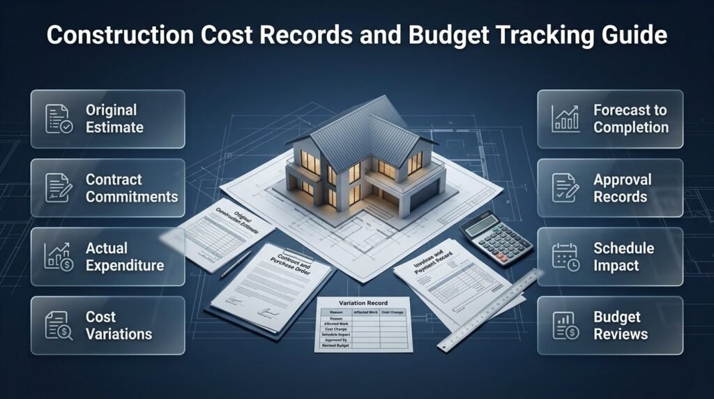 Construction cost records infographic showing original estimates, contract commitments, invoices, payment records, budget forecasts, and approved variations.