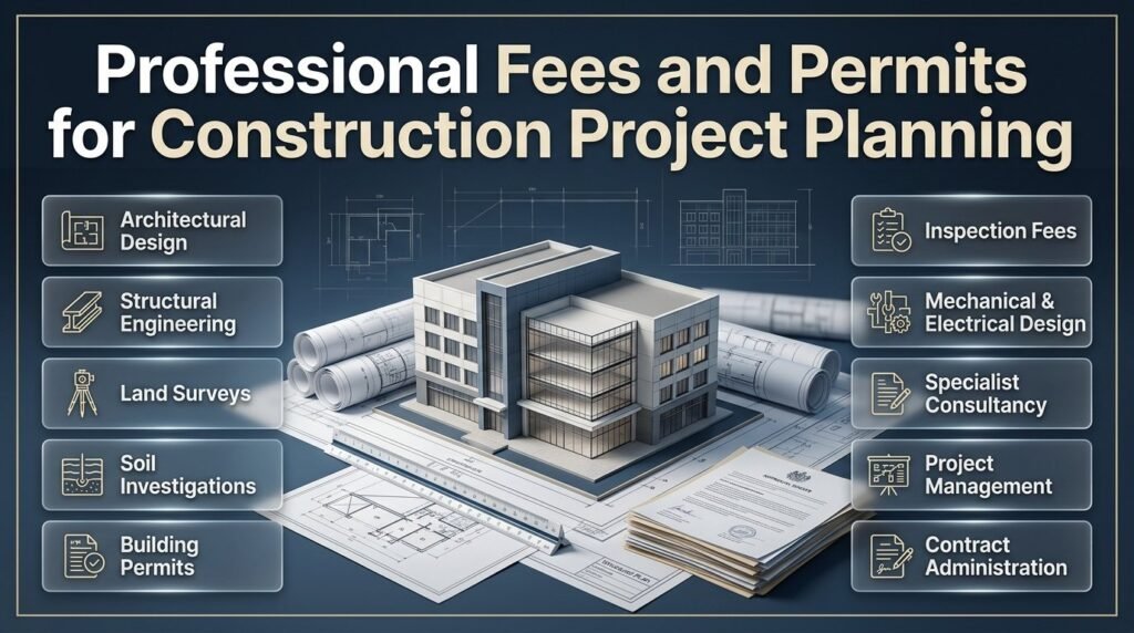 Professional fees and permits infographic featuring architectural plans, structural engineering, land surveys, building approvals, and project management.