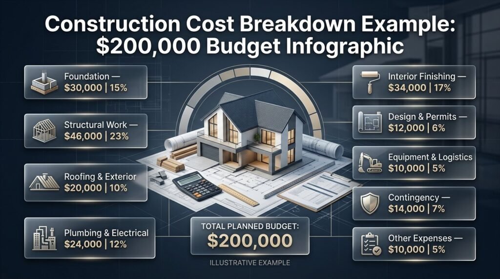 Construction cost breakdown example showing a hypothetical $200,000 budget for foundations, structural work, roofing, utilities, finishing, and contingency.