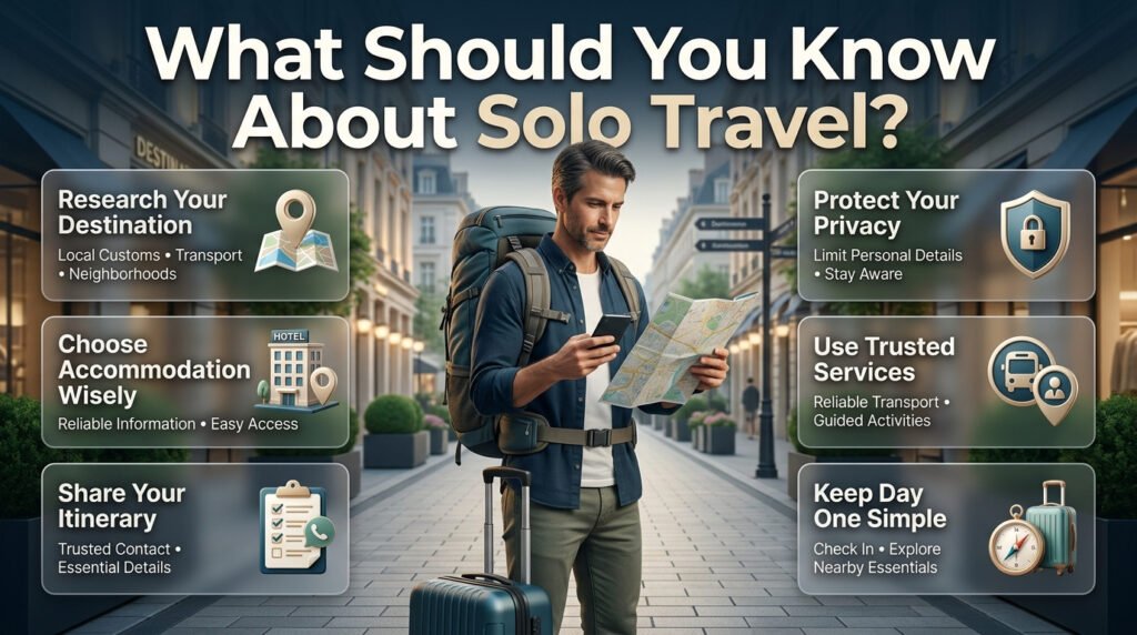 Solo travel infographic showing destination research, secure accommodation, itinerary sharing, personal privacy, reliable transport, and independent travel planning.