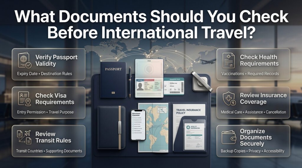 International travel documents infographic featuring a passport, visa, travel insurance, health records, entry requirements, and secure document storage.
