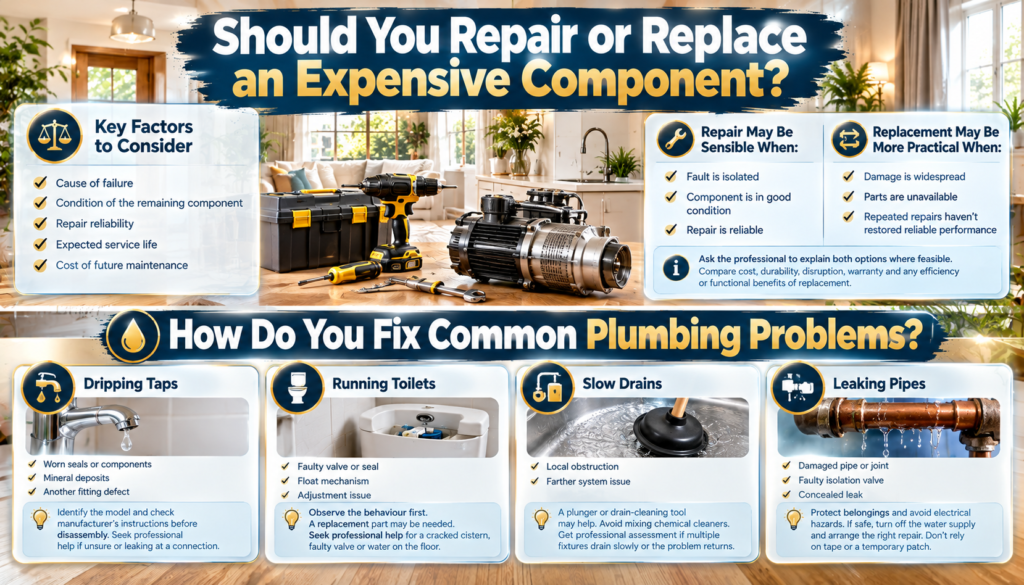 Home repair infographic comparing repair versus replacement decisions with common plumbing problems, including dripping taps, running toilets, slow drains, and leaking pipes.Home Repair or Replacement and Common Plumbing Problems