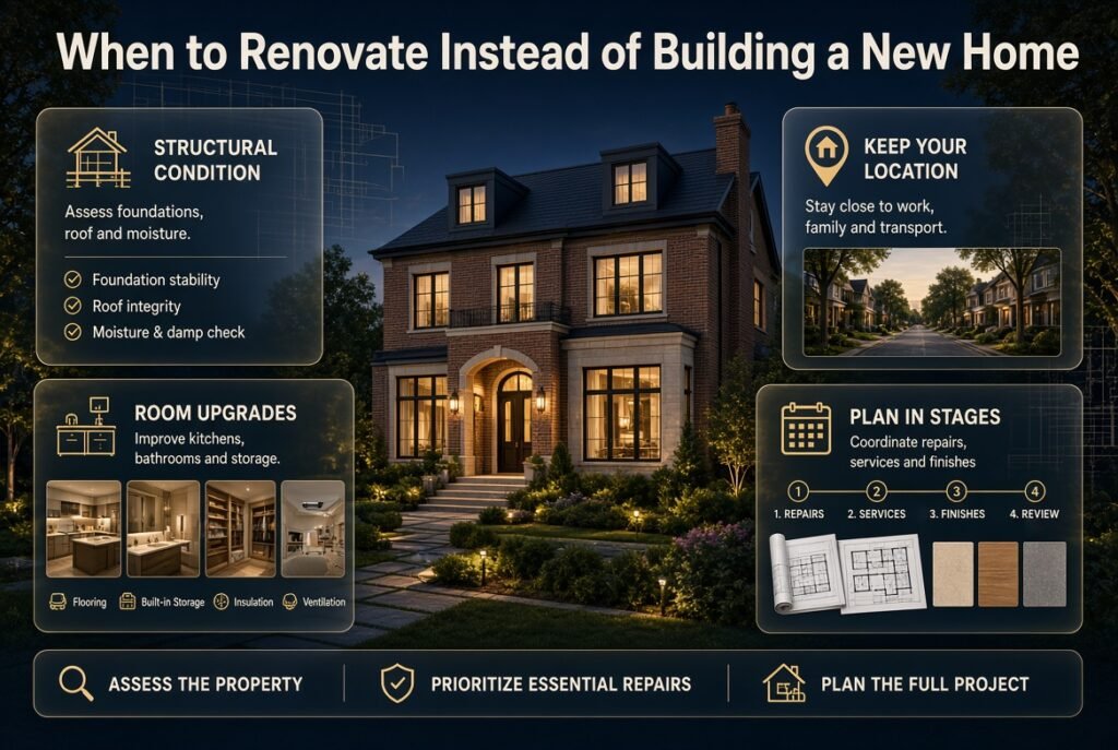 When to renovate instead of building a new home, featuring structural condition, room upgrades, location benefits, and phased renovation planning.