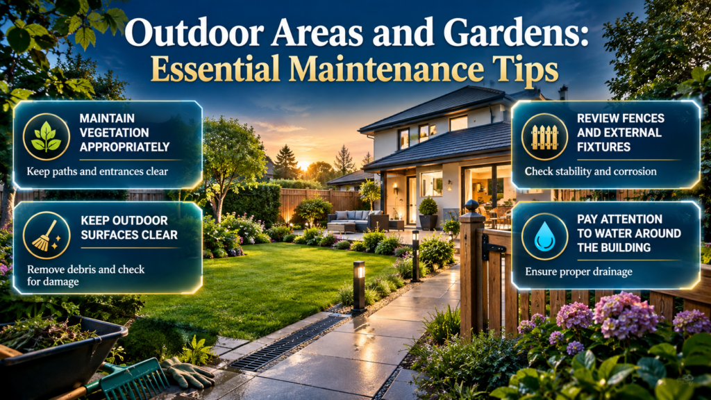 Outdoor property care infographic featuring garden maintenance, vegetation management, clear pathways, fence inspections, and proper drainage.