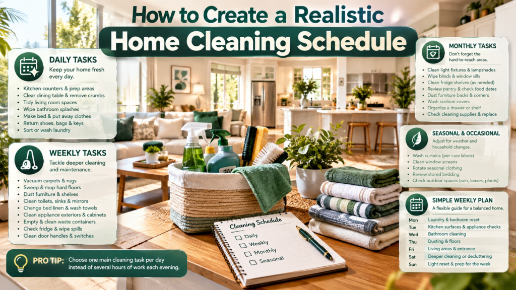 Realistic home cleaning schedule infographic with daily, weekly, monthly, and seasonal cleaning tasks, plus a simple seven-day household cleaning plan.