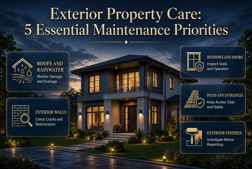 Exterior property care infographic highlighting roof drainage, wall inspections, window seals, safe pathways, and protective exterior finishes.