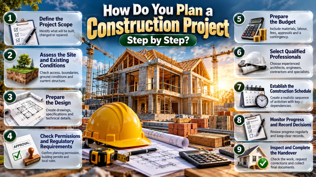 Construction project planning infographic showing nine essential steps, including budgeting, site assessment, design, permits, scheduling, and final inspection.