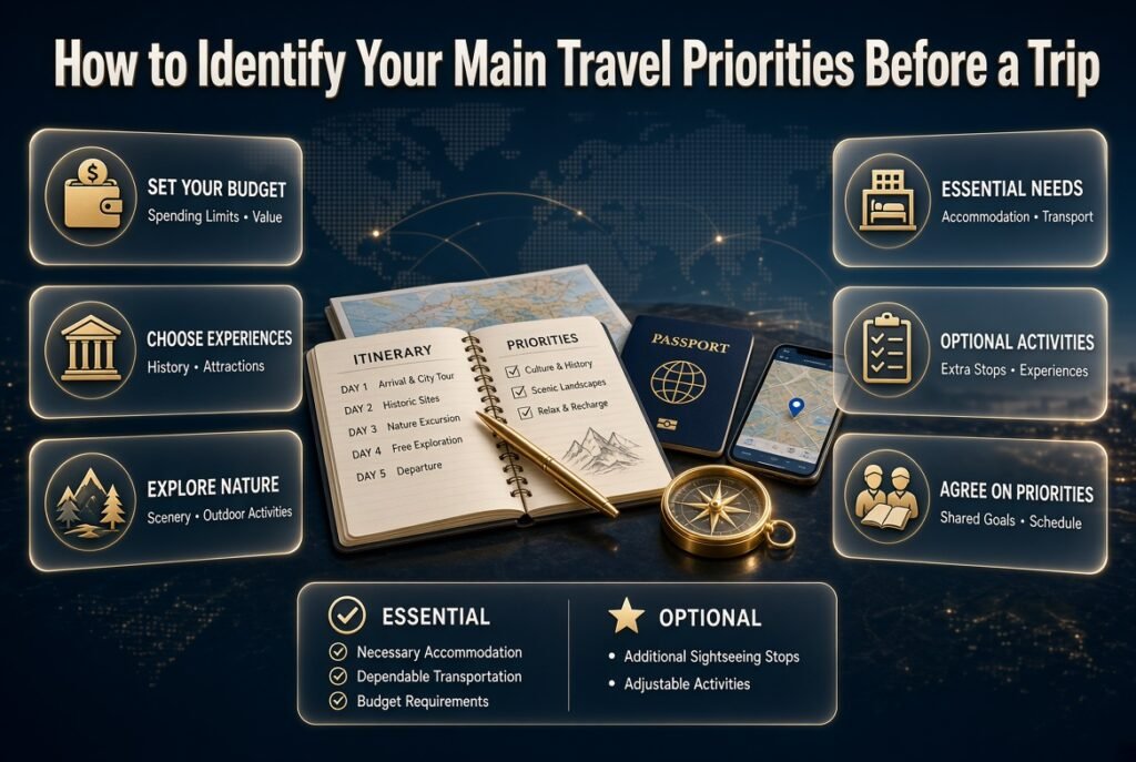 Travel planning infographic showing a traveler prioritizing budget, historical attractions, nature, convenient accommodation, and reliable transportation.
