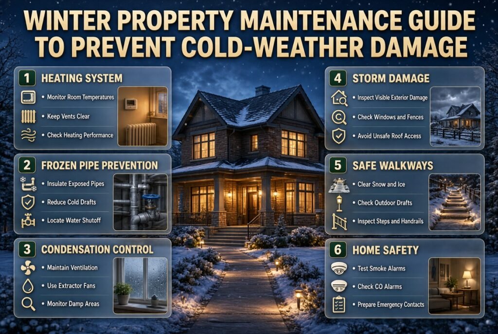 Winter property maintenance infographic showing heating checks, frozen pipe prevention, condensation control, storm damage inspections, safe walkways, and alarm checks.