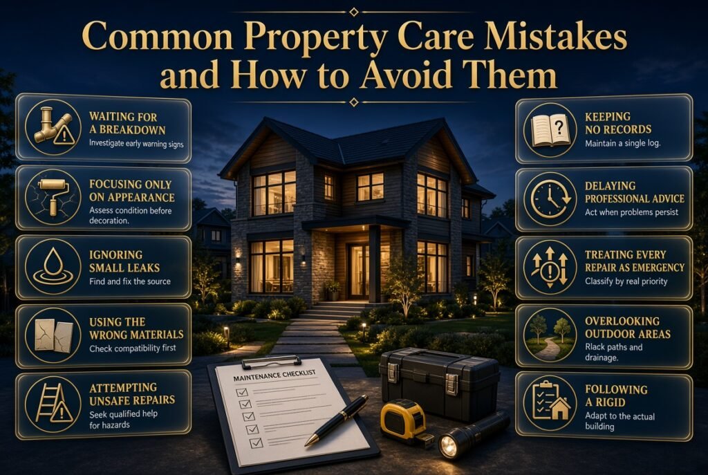 Property care responsibilities infographic explaining owner, landlord, tenant, and property manager duties, maintenance records, and clear communication.