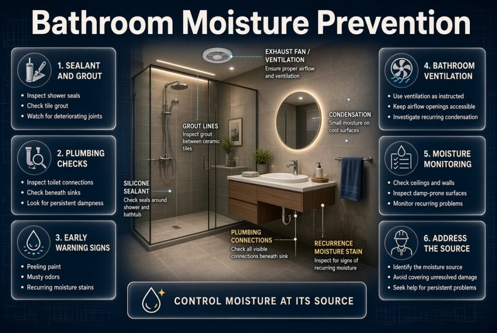 Bathroom moisture prevention infographic featuring shower sealant, tile grout, plumbing connections, sink cabinets, and ventilation checks to prevent water damage.