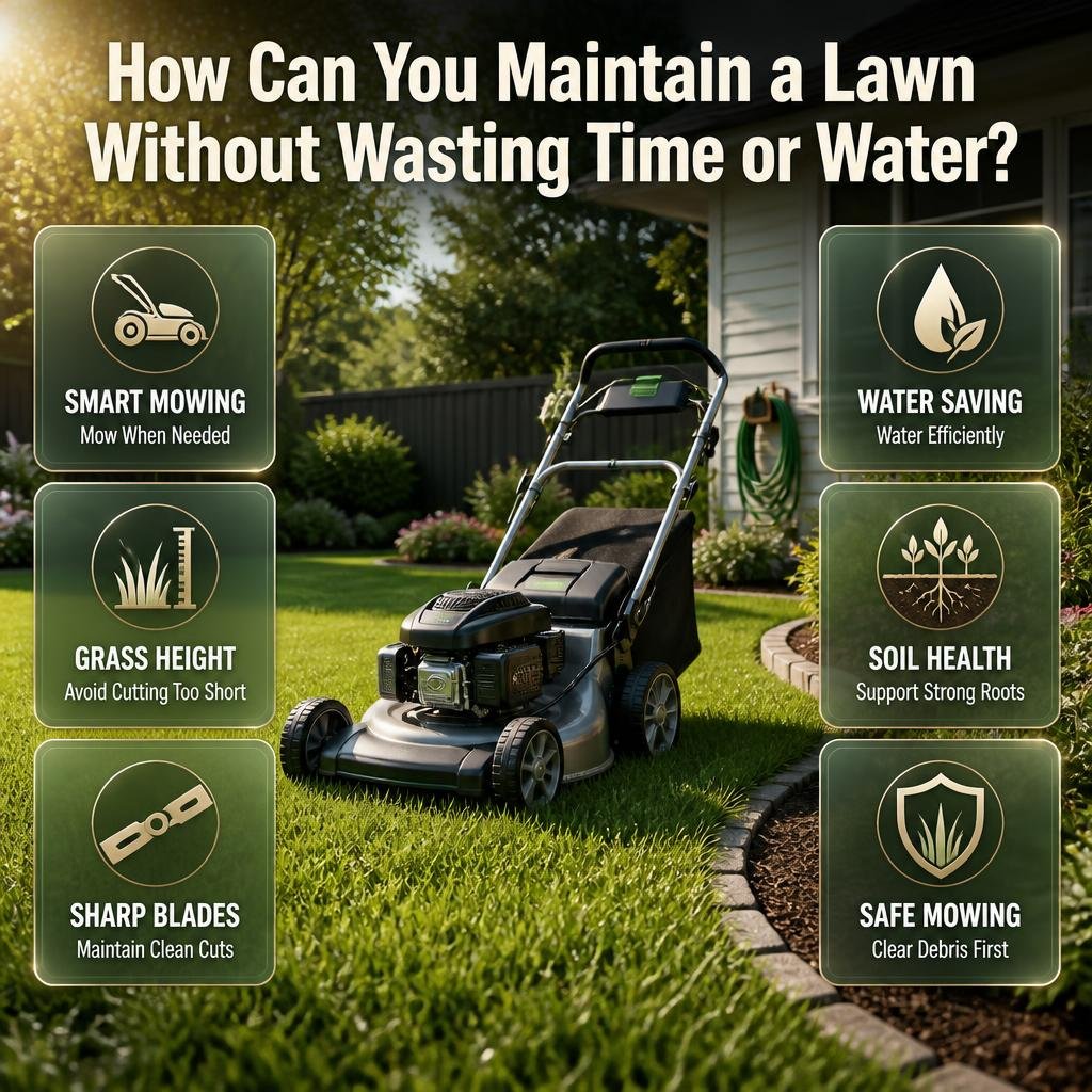 Smart lawn care infographic featuring proper mowing height, efficient watering, healthy grass, soil management, and safe lawn maintenance practices.