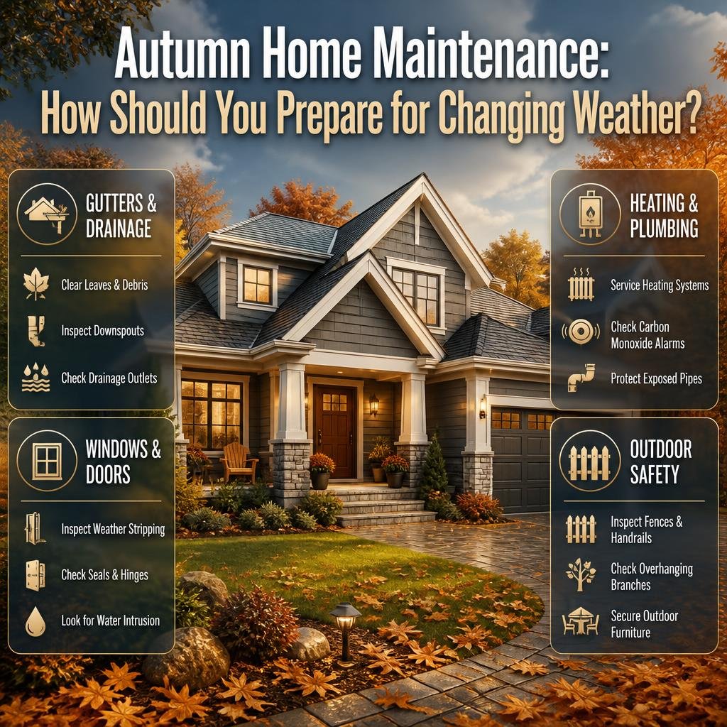 Autumn home maintenance infographic featuring gutter cleaning, window seal inspections, heating system checks, pipe protection, and outdoor safety.