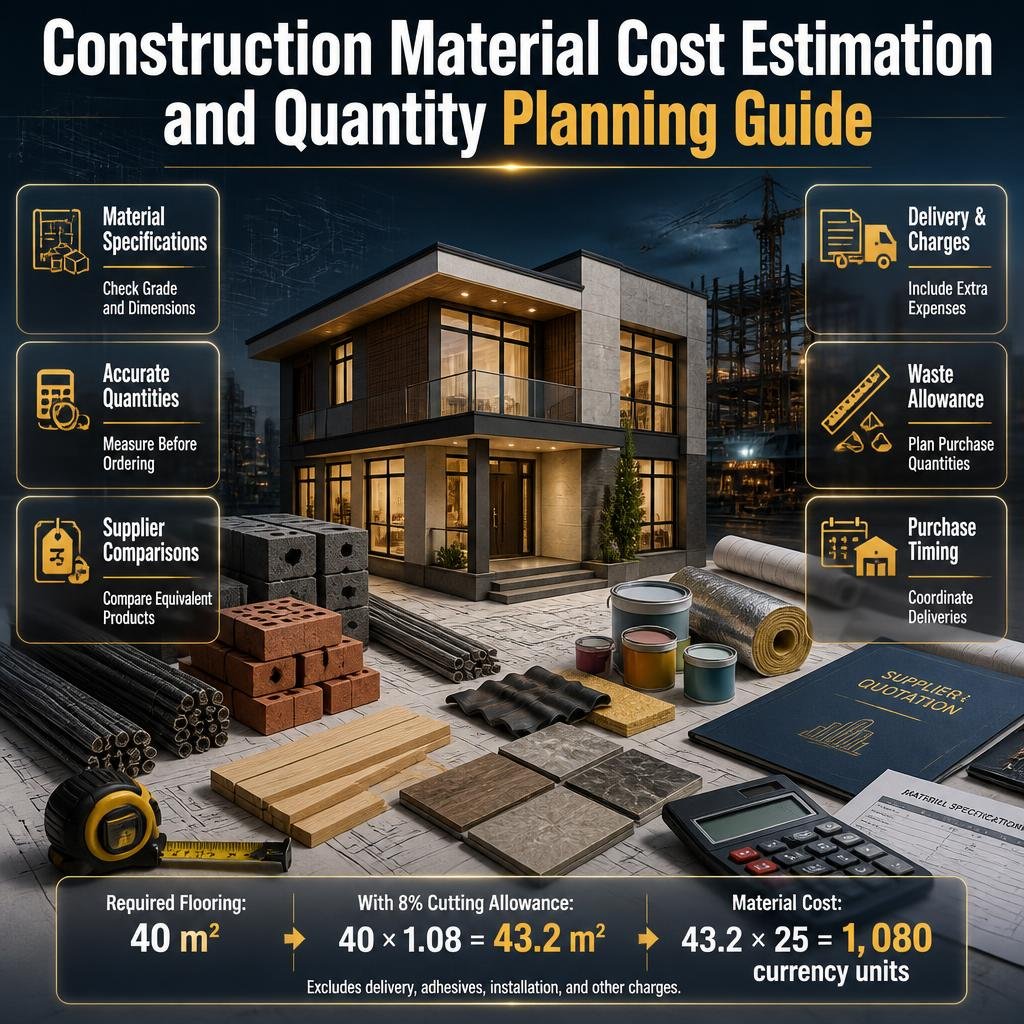 Construction material cost estimation with architectural blueprints, flooring measurements, supplier price comparisons, delivery costs, and waste allowances.