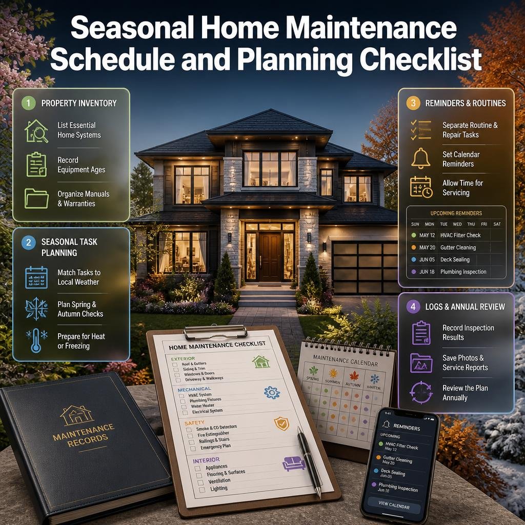 Seasonal home maintenance schedule infographic showing property inventory, seasonal task planning, calendar reminders, maintenance logs, and annual reviews.