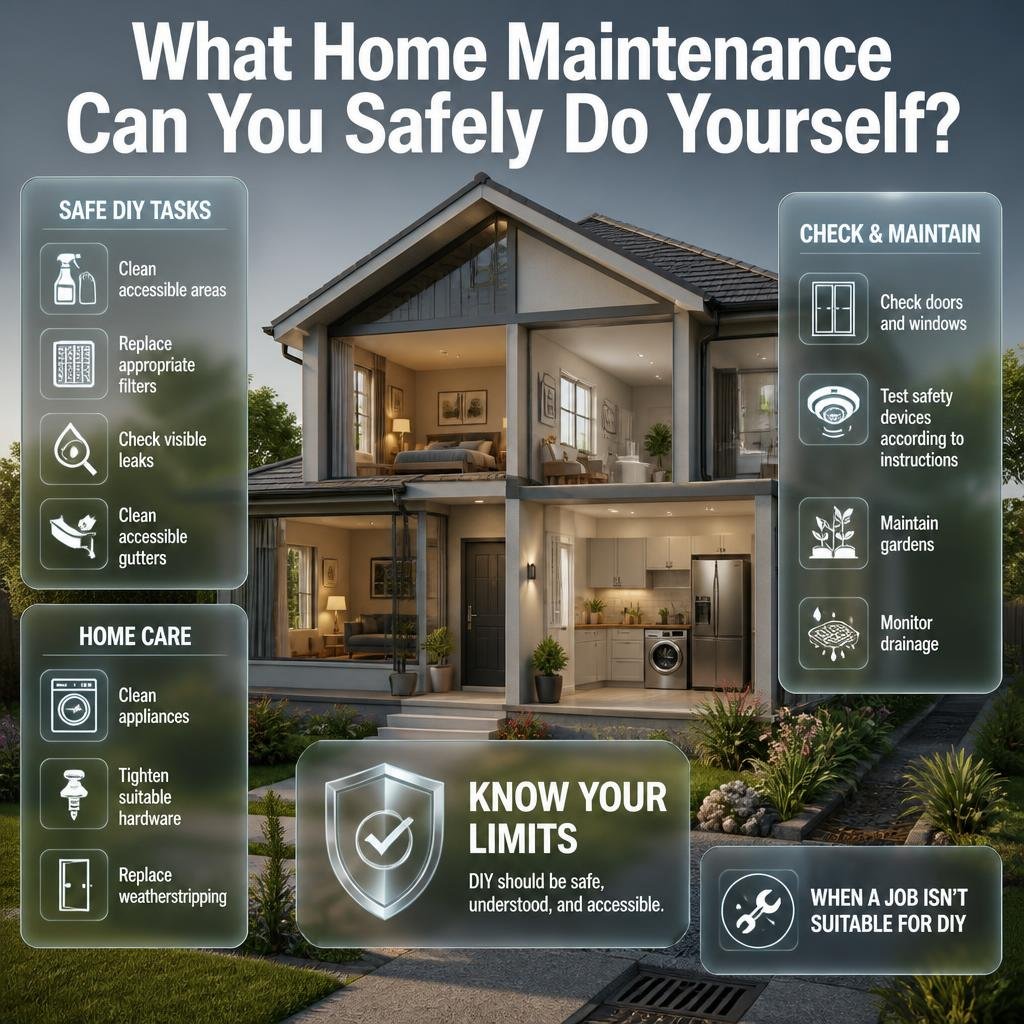 DIY home maintenance infographic showing safe cleaning, filters, leaks, gutters, weatherstripping, safety devices, and garden care.