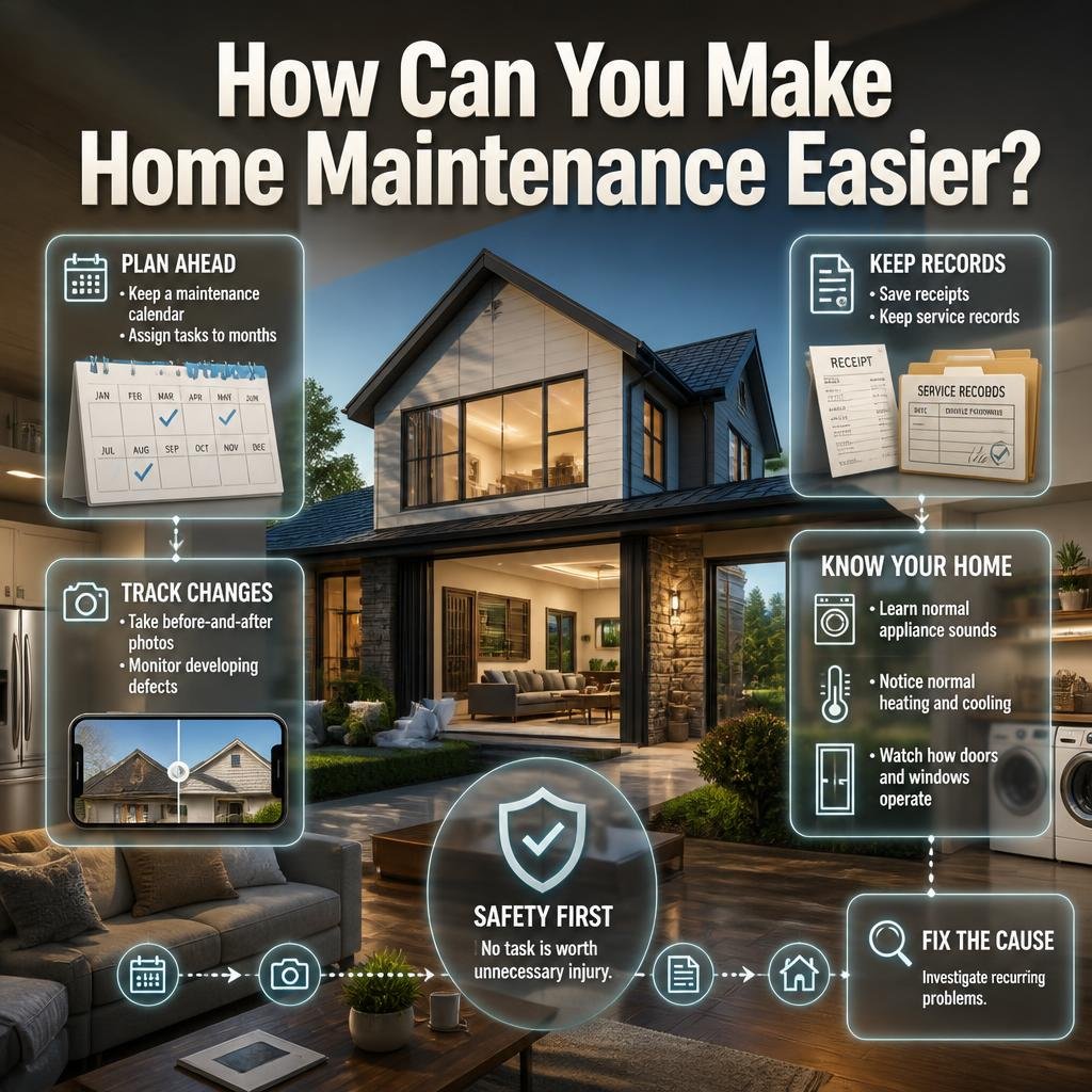 Home maintenance infographic showing a calendar, inspection photos, service records, normal home behavior, root causes, and safety planning.