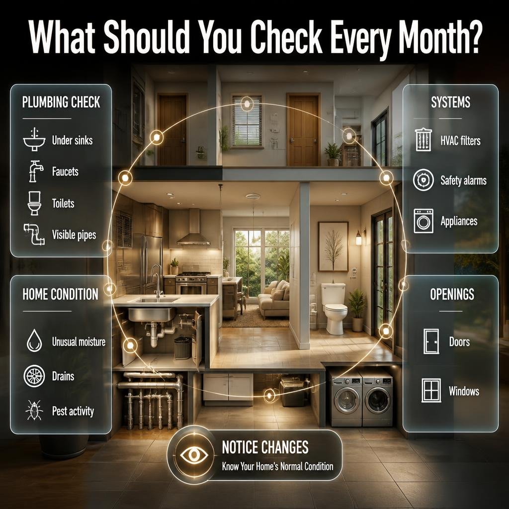 Monthly home maintenance checklist showing plumbing, HVAC filters, safety alarms, doors, windows, appliances, drains, and pests.