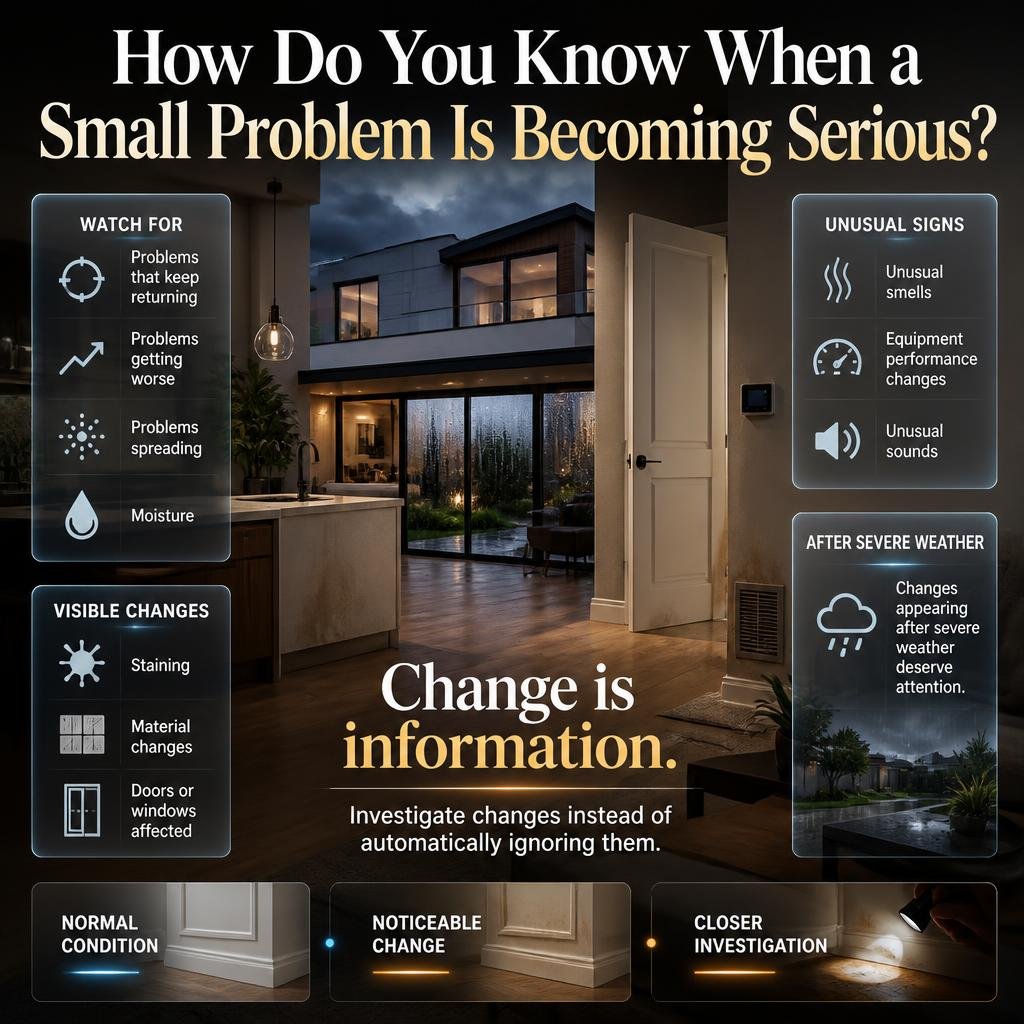 Home maintenance infographic showing warning signs such as moisture, stains, unusual sounds, odors, damage, and changing equipment performance.