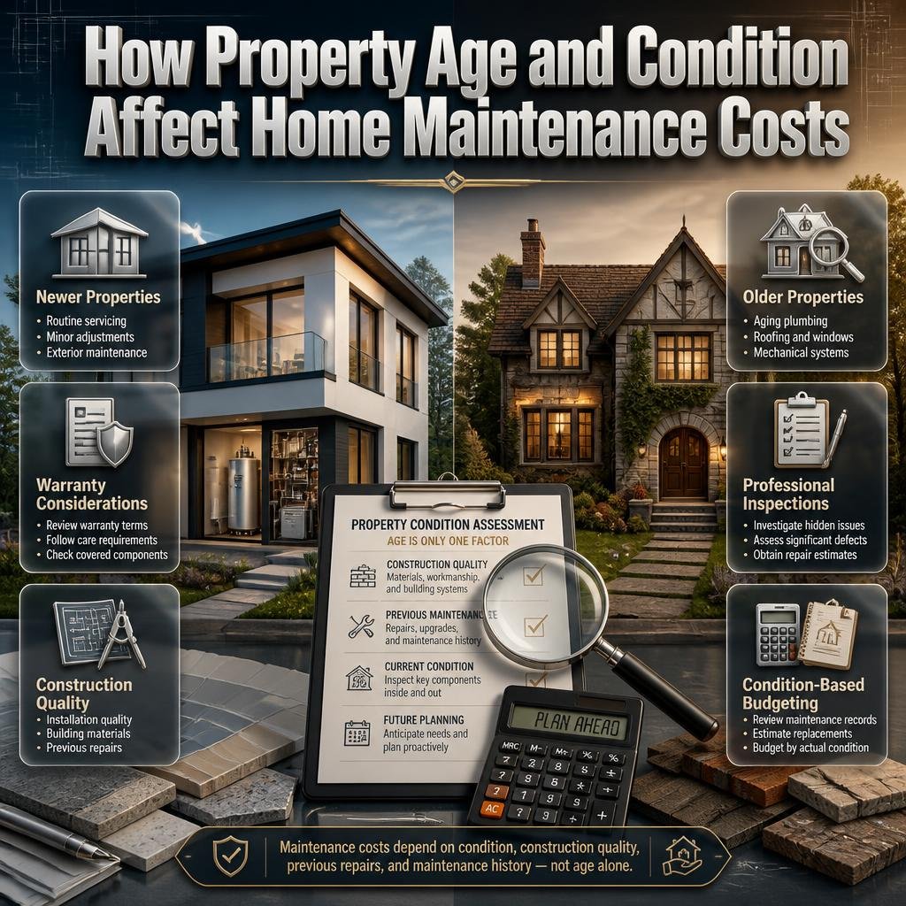 Property age and home maintenance costs infographic comparing newer and older homes, aging systems, property inspections, warranties, and repair budgeting.