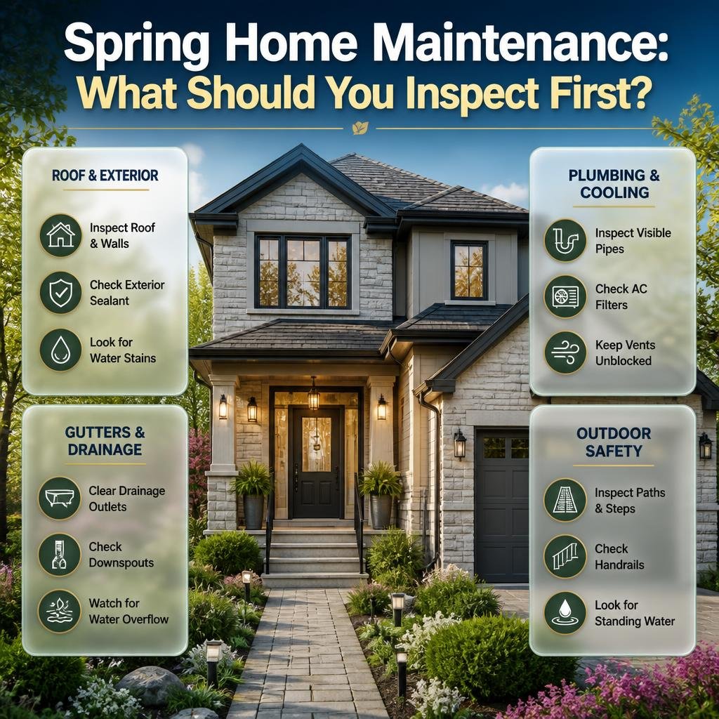 Spring home maintenance infographic showing roof inspection, gutter cleaning, plumbing checks, AC servicing, and outdoor safety inspections.