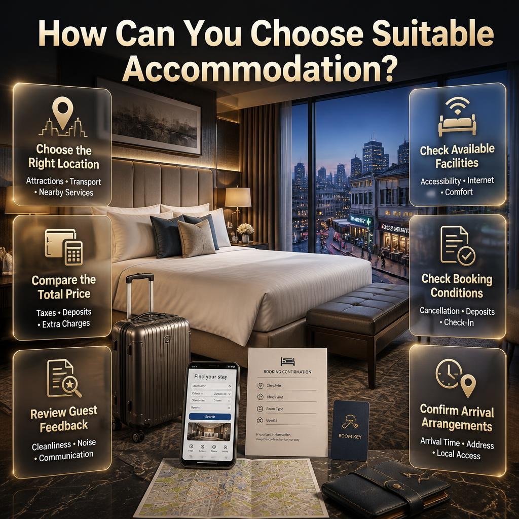 Travel accommodation planning infographic featuring hotel rooms, location, guest reviews, cleanliness, booking policies, amenities, and total costs.