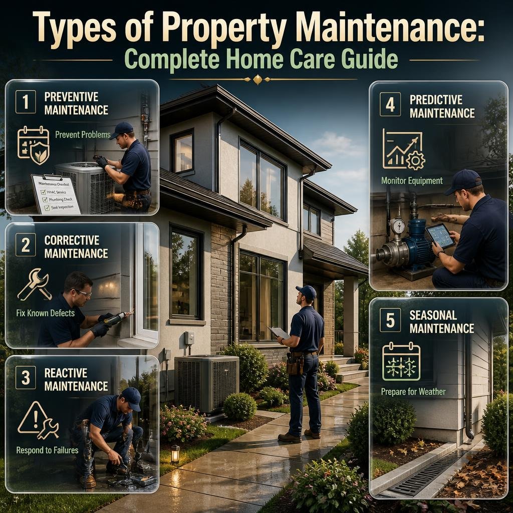 Property maintenance infographic explaining preventive, corrective, reactive, predictive, and seasonal maintenance with home repair and inspection illustrations.