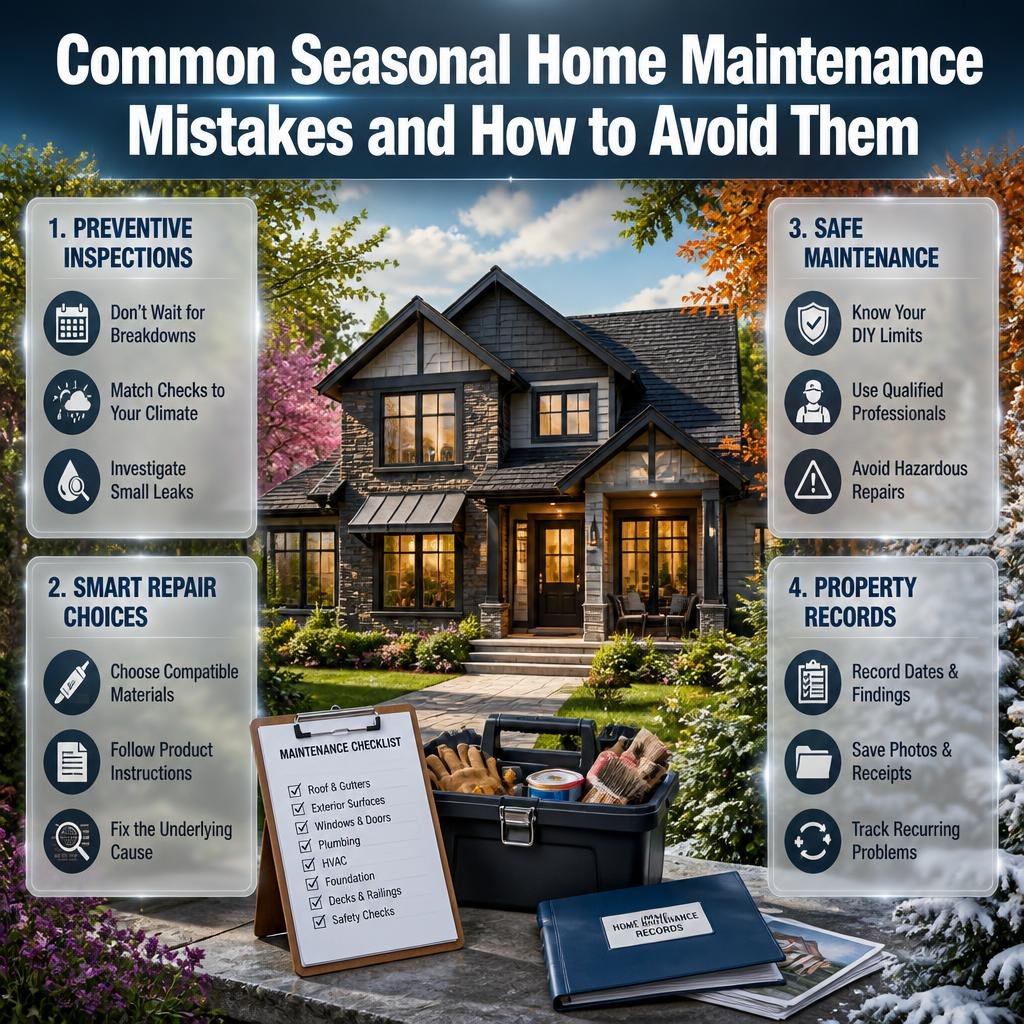 Seasonal home maintenance infographic highlighting common mistakes, including delayed repairs, ignored leaks, unsuitable materials, unsafe DIY work, and missing records.